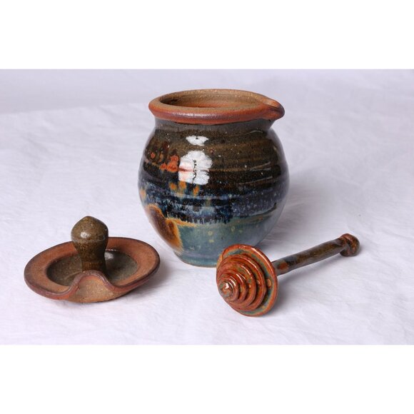 Vtg 1979's Handmade Blue & Brown Glazed Ceramic Honey Jar With Lid And Honey Dip - Picture 6 of 10
